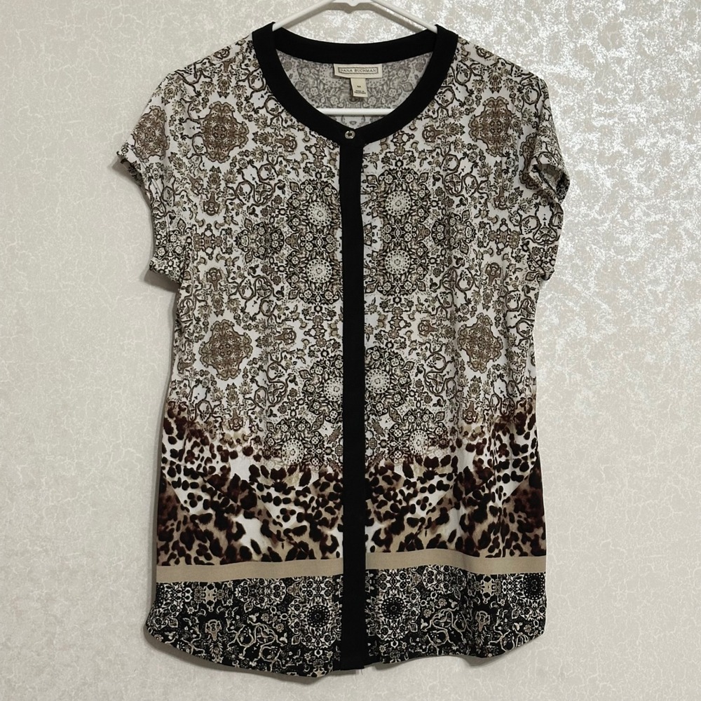 Dana Buchman Mixed Medallion Leopard Print Button Front Top Brown Black‎ Boho M